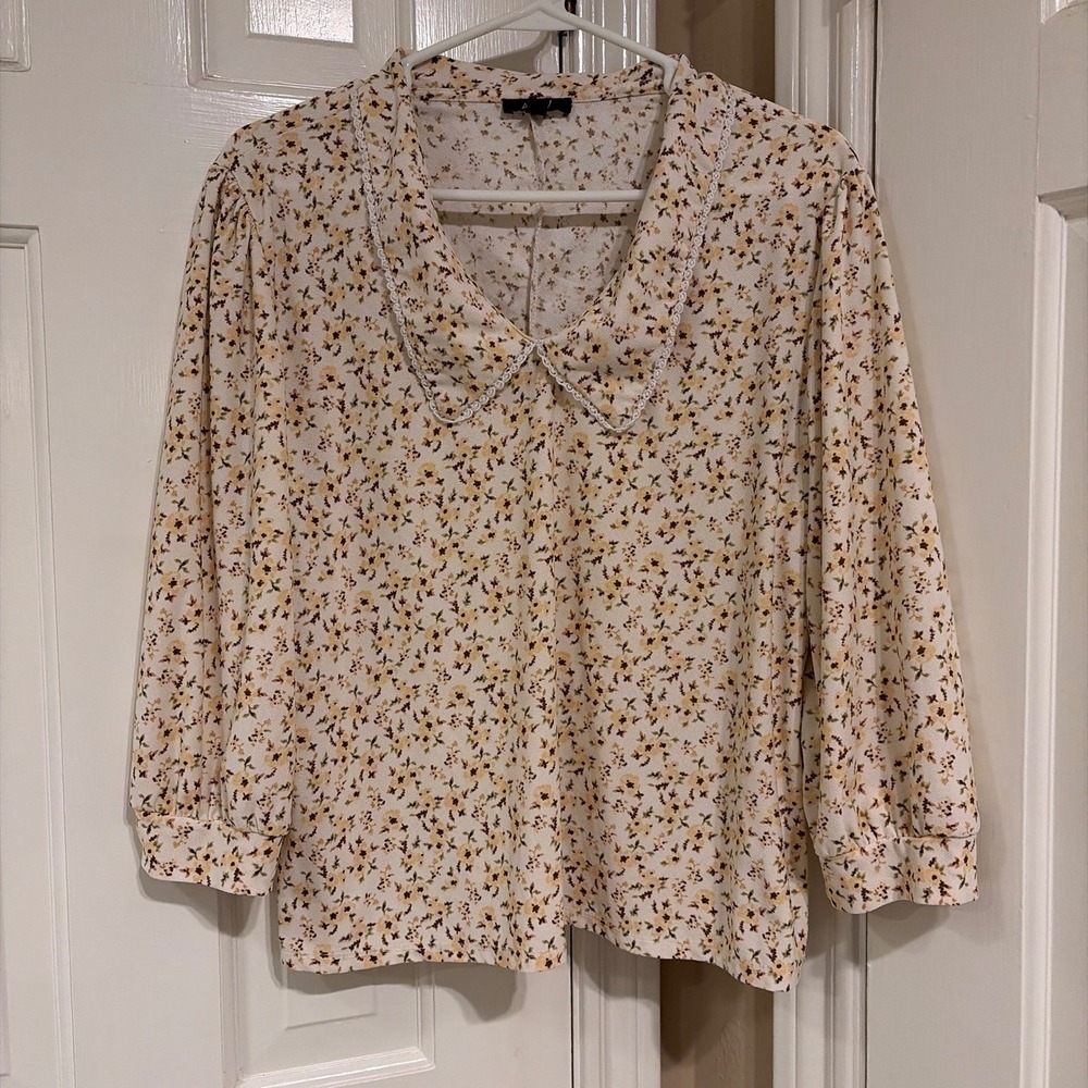 AUW Womens Floral Peter Pan Collar Blouse Cream Yellow XL Lace Trim Puff Sleeve